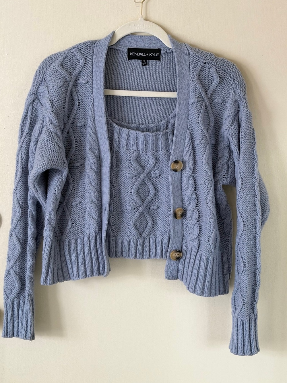 (SET) Kendall & Kylie Light Blue Cable Knit Cardigan with Tank Top
